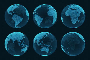 Earth hologram from different angles. Set of hud elements. Blue world map on a dark background with grid. Eps10 vector - obrazy, fototapety, plakaty