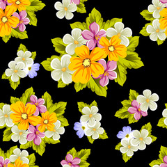 Elegant seamless pattern of flowers on a black background. For the design of cards, invitations, greeting cards, fabrics, banners. For birthday, wedding, party, Valentine's day, holiday.