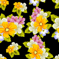 Elegant seamless pattern of flowers on a black background. For the design of cards, invitations, greeting cards, fabrics, banners. For birthday, wedding, party, Valentine's day, holiday.