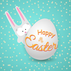 Cute rabbit bunny with egg on a blue background with flowers Happy Easter text A creative drawing of a doodle character of a hare with an egg Symbol of the Easter holiday Bright poster banner Vector