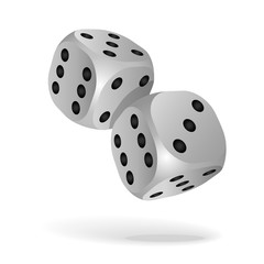 Two white falling dice isolated on white