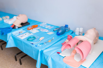 Medical University. Equipment for the exam about tracheostomy. Rescue life in emergency situations....