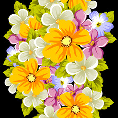 Fototapeta premium Elegant seamless pattern of flowers on a black background. For the design of cards, invitations, greeting cards, fabrics, banners. For birthday, wedding, party, Valentine's day, holiday.