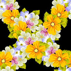 Elegant seamless pattern of flowers on a black background. For the design of cards, invitations, greeting cards, fabrics, banners. For birthday, wedding, party, Valentine's day, holiday.