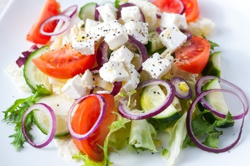 Fresh spring salad with cucumber, tomato, cheese and arugula isolated on a white plate 
