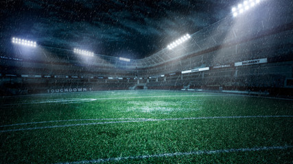 empty soccer stadium in light rays at night 3d illustration