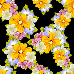 Fototapeta premium Elegant seamless pattern of flowers on a black background. For the design of cards, invitations, greeting cards, fabrics, banners. For birthday, wedding, party, Valentine's day, holiday.