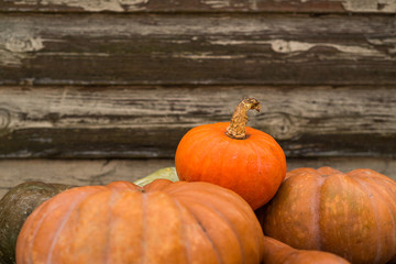 Pumpkins in basket on rustic vintage background on wooden table