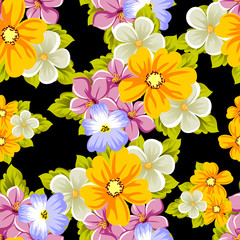 Fototapeta na wymiar Elegant seamless pattern of flowers on a black background. For the design of cards, invitations, greeting cards, fabrics, banners. For birthday, wedding, party, Valentine's day, holiday.