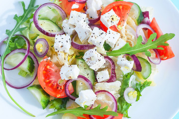 Fresh spring salad with cucumber, tomato, cheese and arugula isolated on a white plate 