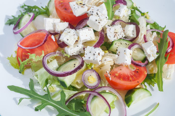 Fresh spring salad with cucumber, tomato, cheese and arugula isolated on a white plate 
