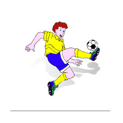 Olympic athlete, soccer player jumping beats the ball, cartoon on white background,