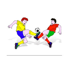 Fototapeta na wymiar Two soccer players (in blue and green shorts) in a jump hit the ball with a foot, cartoon on a white background,