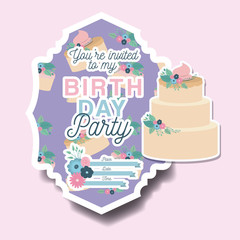 happy birthday party invitation with floral decoration and cake vector illustration design