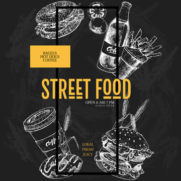 Hand drawn fast food banner. Street food creative flyer. Burger, soda, bagel, french fries, coffee and donut, wheat, tomato. Chalkboard vector illustration. restaurant, menu street flyer poster