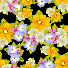 Elegant seamless pattern of flowers on a black background. For the design of cards, invitations, greeting cards, fabrics, banners. For birthday, wedding, party, Valentine's day, holiday.