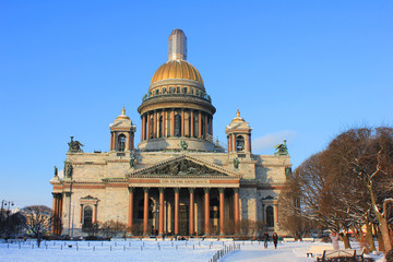 St. Isaac's Cathedral Orthodox Basilica and Museum Building in Saint-Petersburg, Russia. Classical Empire Architecture Built in 1858 by Architect Montferrand. Famous City Cultural Landmark Winter View
