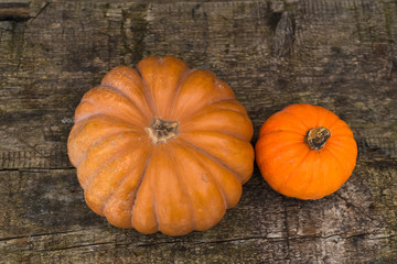 Orange autumn pumpkins on the old rustic table with vintage film colours background