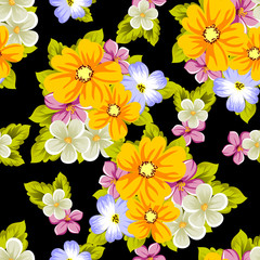 Elegant seamless pattern of flowers on a black background. For the design of cards, invitations, greeting cards, fabrics, banners. For birthday, wedding, party, Valentine's day, holiday.