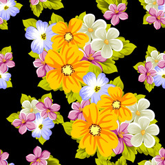 Obraz premium Elegant seamless pattern of flowers on a black background. For the design of cards, invitations, greeting cards, fabrics, banners. For birthday, wedding, party, Valentine's day, holiday.