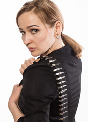 Elegant woman presents her hairdresser's accessories. Hair styling and beauty concept. Female professional hairdresser