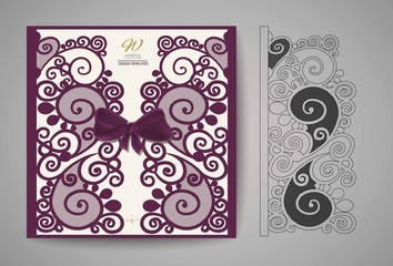 Wedding invitation or greeting card with gold floral ornament. Wedding invitation envelope for laser cutting. - 193130361