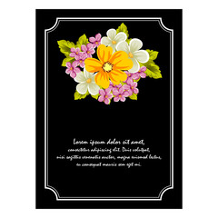 elegant frame of flowers on a black background. For the design of cards, invitations, greeting cards, fabrics, banners. For birthday, wedding, party, Valentine's day, holiday.