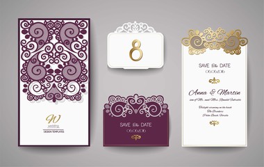 Wedding invitation or greeting card with gold floral ornament. Wedding invitation envelope for laser cutting. - 193130399