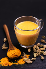 Indian turmeric milk with saffron, cardamom and turmeric. Copyspace