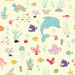 Sea animals. Cartoon seamless pattern