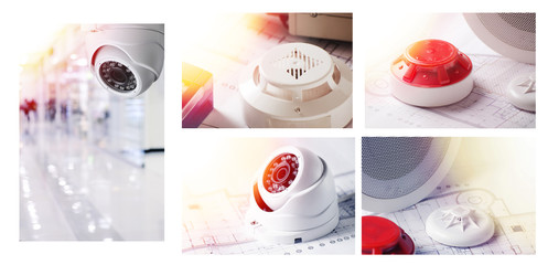 Fire Alarm system and video security equipment. Set of Photos Good for security service engineering company site or advertising