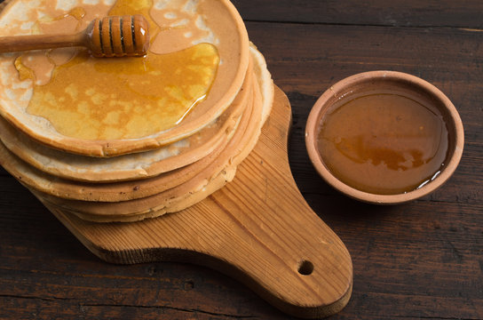 Pancakes on a wooden table