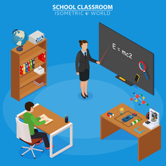 School education isometric design concept with teacher at blackboard and pupil in classroom