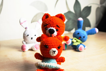 knitted toy cat, bear, rabbit, hare, handmade