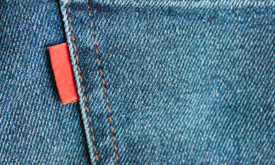 Denim Jeans Empty Red Label Close Up. Casual Vintage Style Jean Clothing Back Side Tag View. 