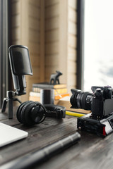 Audio / Video editing workspace office with mountain view. Photography and videography equipment. - 193131733