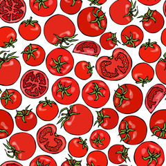 Seamless Pattern with Whole Tomato, Tomato Slices, Half of Tomato and Cherry Tomatoes. Fresh Ripe Vegetables Background. Vegan Cuisine. Hand Drawn Vector Illustration. Savoyar Doodle Style.