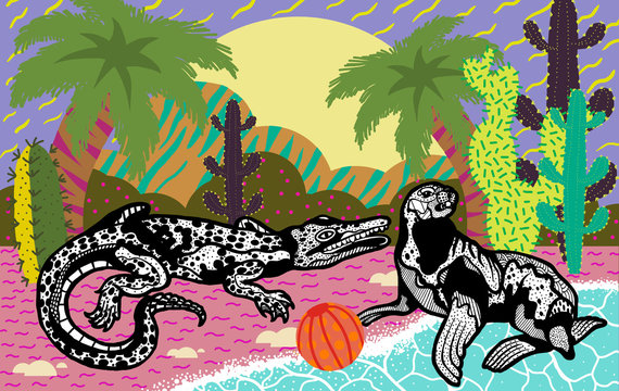 Crocodile with seal on the beach with palm trees