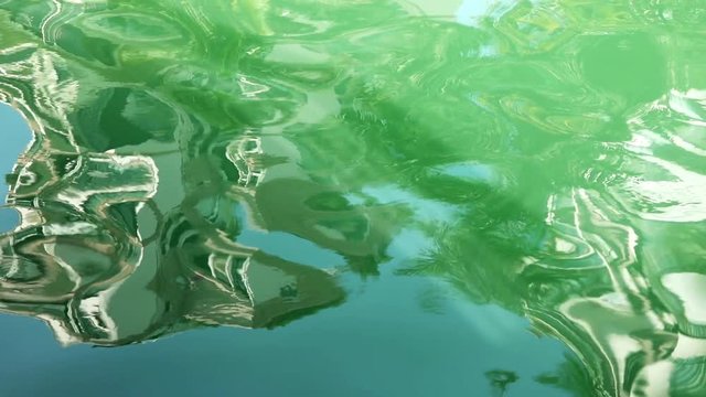 Skyscrapers reflecting at water surface, making abstract shapes; slow motion; Shekou fishing port, Shenzhen, China;