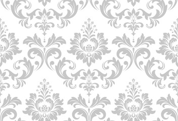 Fototapeta Wallpaper in the style of Baroque. A seamless vector background. White and grey floral ornament. Graphic vector pattern. obraz