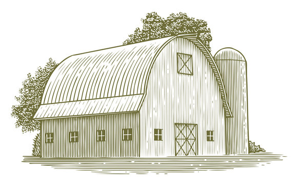 Woodcut Round Roof Barn