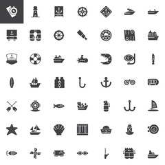 Nautical vector icons set, modern solid symbol collection, filled style pictogram pack. Signs, logo illustration. Set includes icons as lighthouse, anchor, lifejacket, submarine, boat, ship marine 