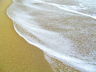 Sea foam on a sand beach in a summer sunny day.
Closeup view of a small smooth waves on the beach in Miami, Florida, USA.