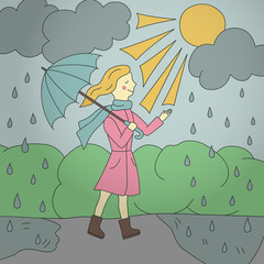 Girl with umbrella. Spring. Anti-stress. Illustration in doodle and cartoon style. Color