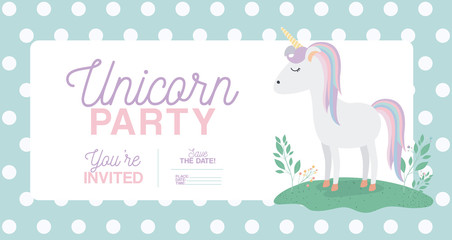 unicorn party invitation card with floral decoration vector illustration design