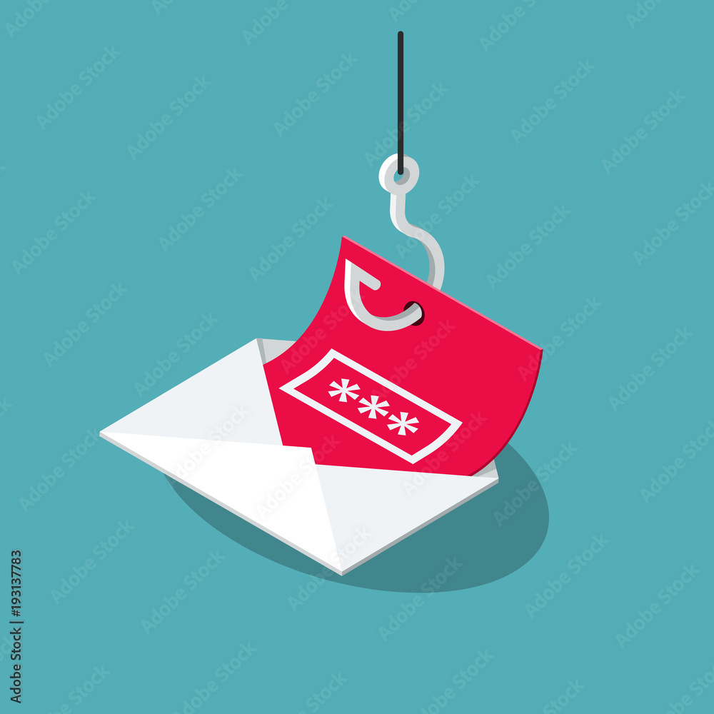 Leinwandbilder Phishing Scam vector symbol with envelope, red message and fishing hook isolated on blue background. Flat design, easy to use for your website or presentation.