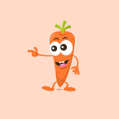 Illustration of cute carrot mascot pointing at something, isolated on light background. Flat design style for your mascot branding.