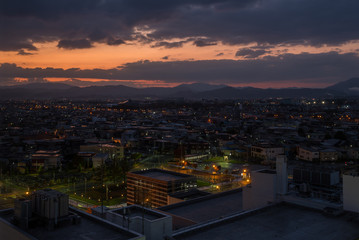 Aerial view of Hirosaki town on sunrise