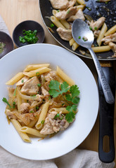 Stir fried Pene Rigate with chicken meat