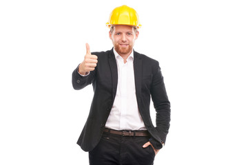 Portrait of architect wearing suit and yellow hardhat on white background